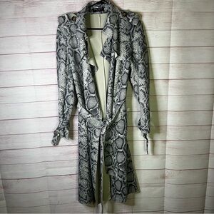 Few Moda Gray Belted‎ Tie Waist Snakeskin Pattern Pocket Duster Coat  Size Small